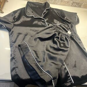 Satin Short Sleeve Pajama Set - Black with White Piping